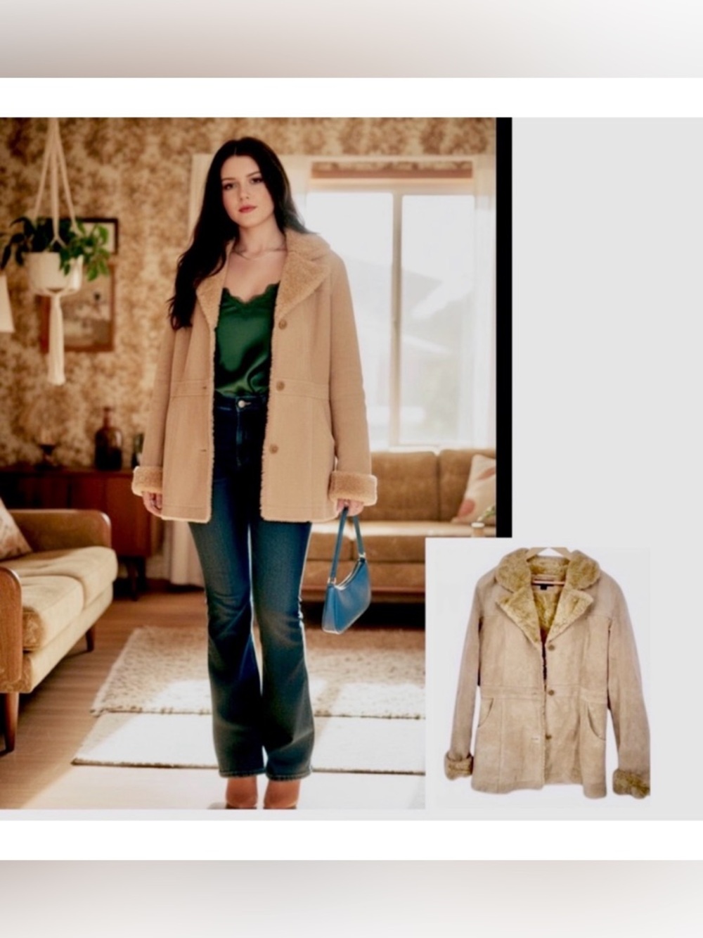 Tan leather Jacket or coat with faux fur collar size XL penny lane trendy style